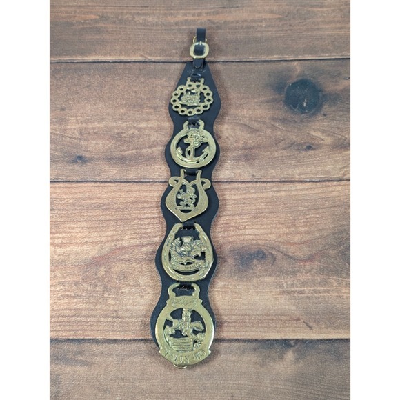 Set of 5 Horse Brass Hanger Leather Strap Equestrian Decor Tally-Ho‎ Anchor - Picture 1 of 4